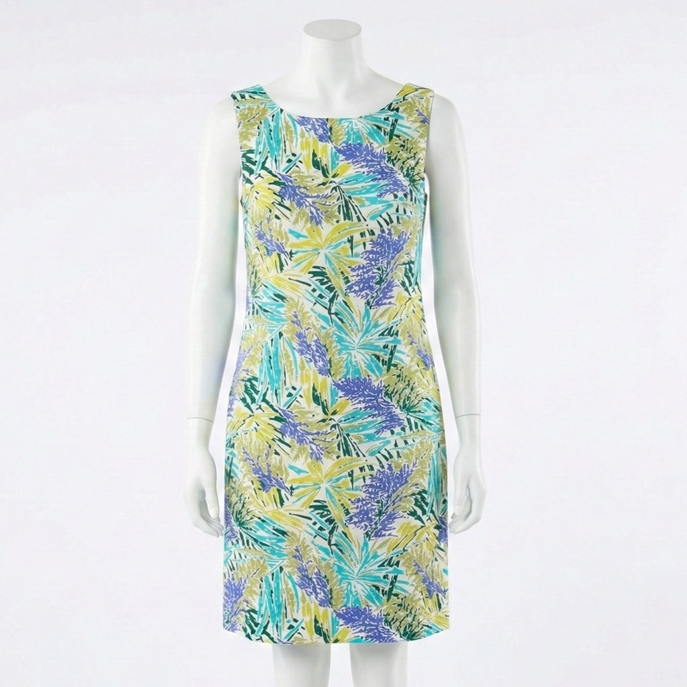 Talbots 100% Silk Tropical Leaf Print Sleeveless Sheath Dress Blue Green Size 12